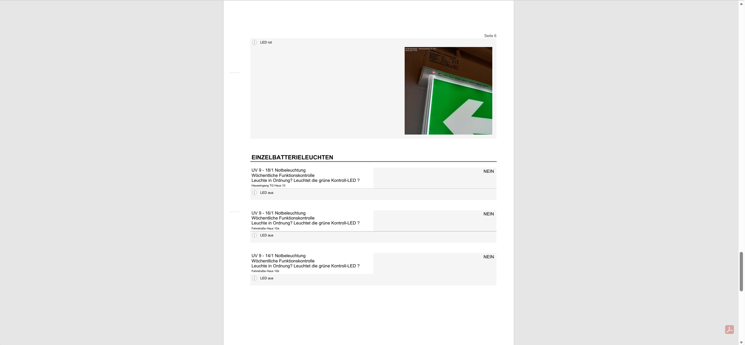 Prüfprotokoll Seite 6 mit Ergebnis NEIN, Bemerkung LED rot und Foto einer Notbeleuchtung