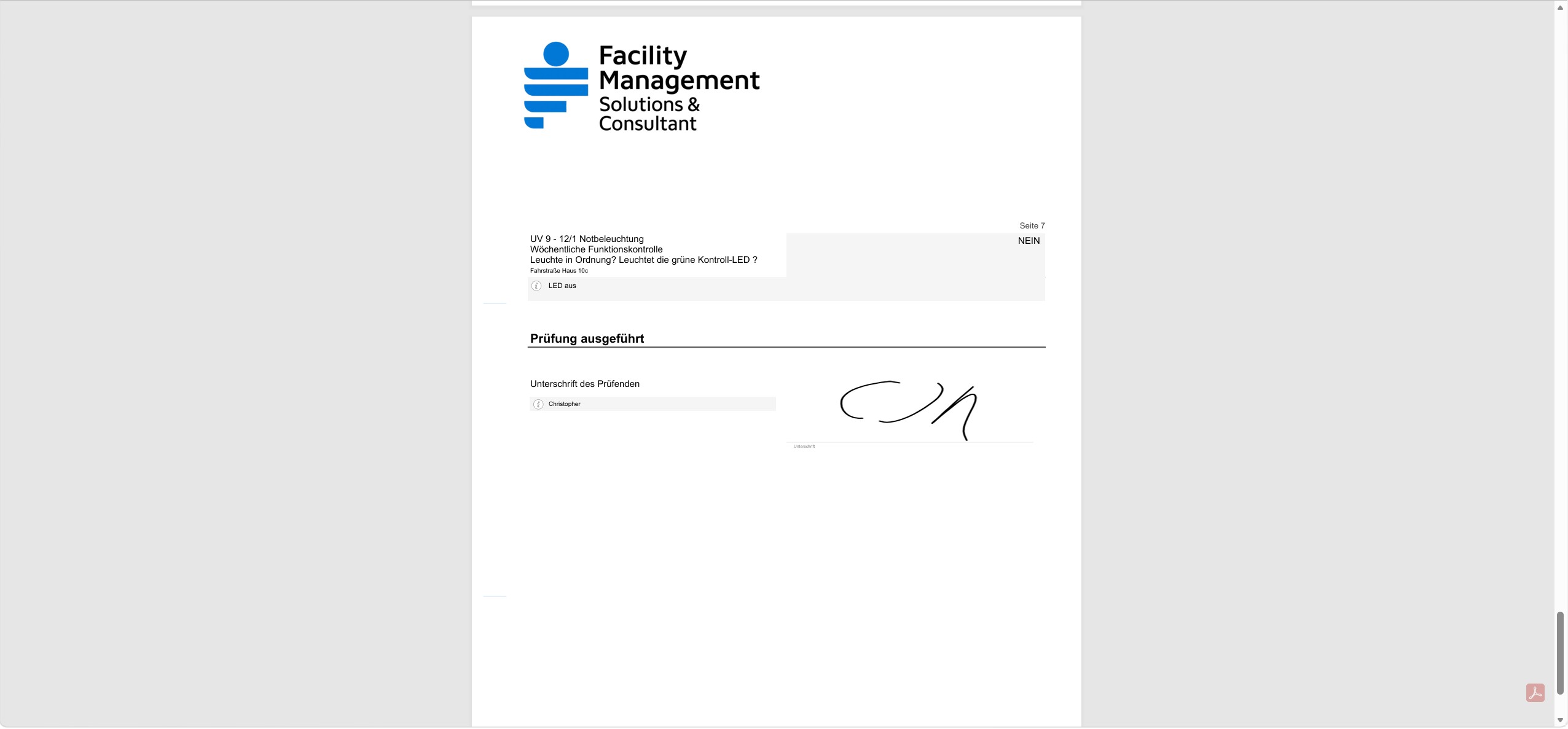 Prüfprotokoll Seite 7 mit Abschnitt Prüfung ausgeführt und Unterschrift des Prüfenden