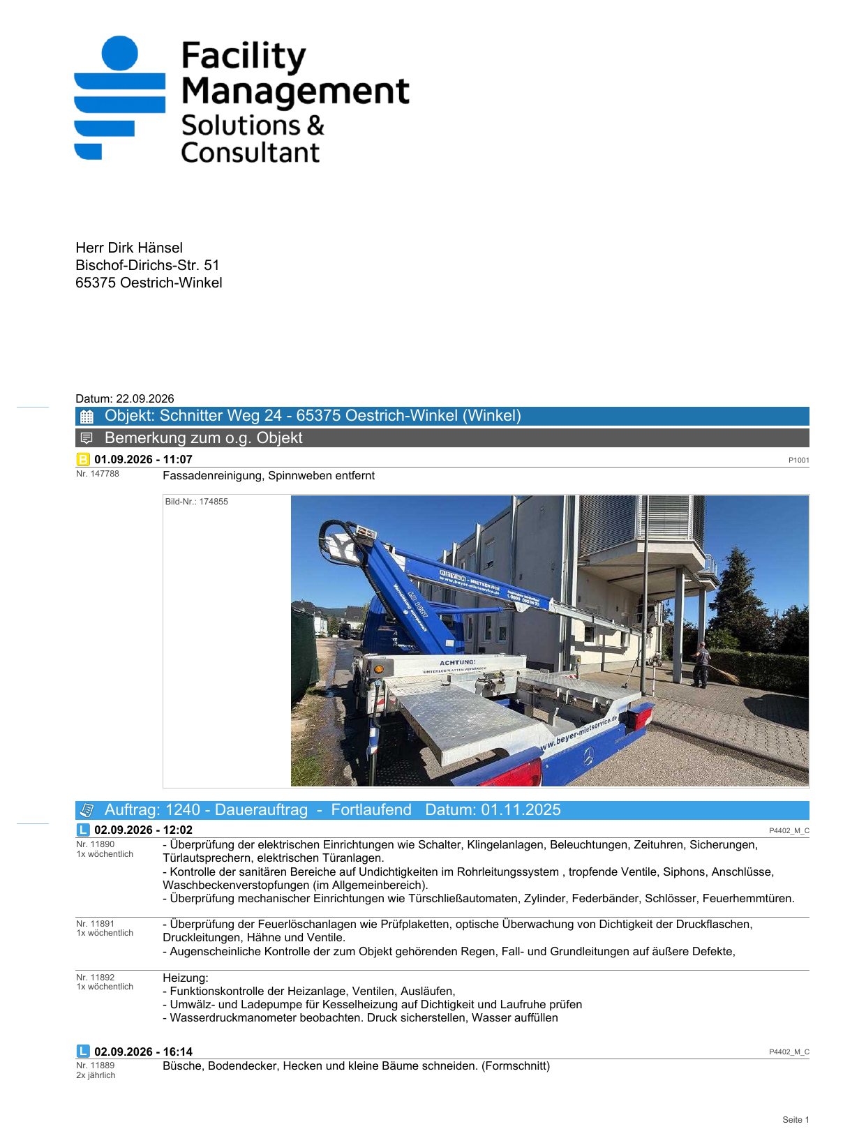 Leistungsnachweis als PDF, Seite 1: Objekt, Bemerkung mit Foto und abgearbeitete Positionen des Dauerauftrags