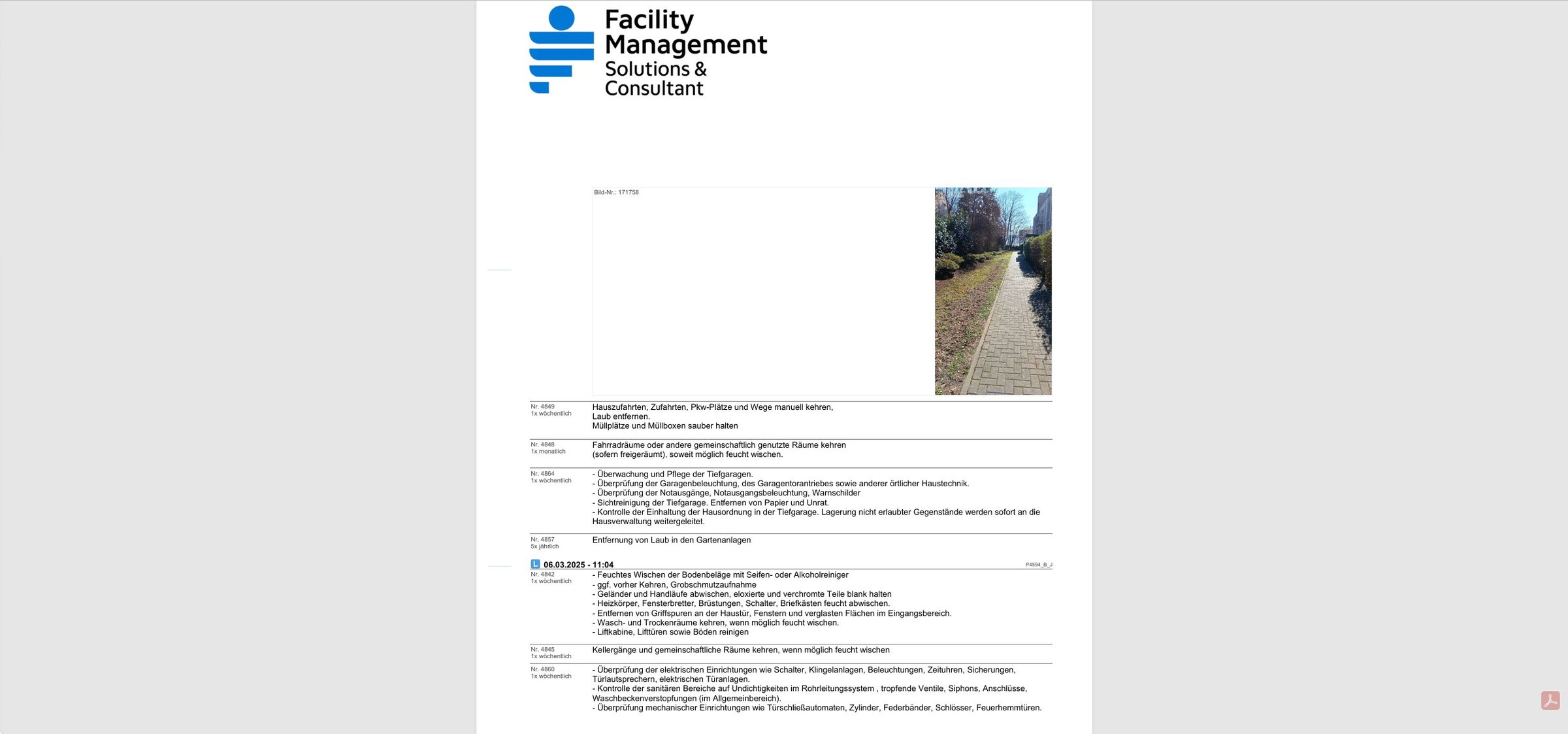 Arbeitsprotokoll mit Objektfoto, Leistungen mit Nummer und Intervall sowie Ausführungsdatum