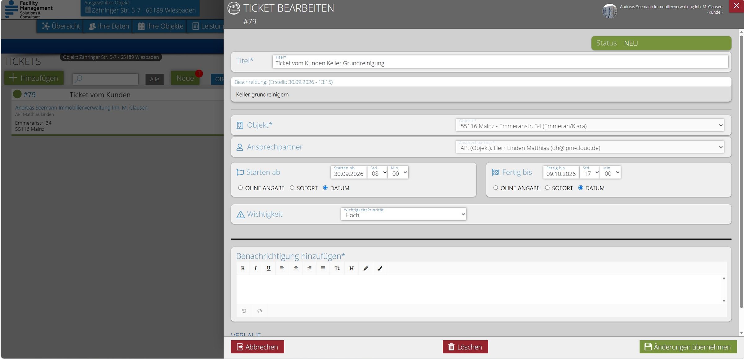 Dialog Ticket bearbeiten mit Titel, Beschreibung, Objekt, Ansprechpartner, Starttermin und Wichtigkeit