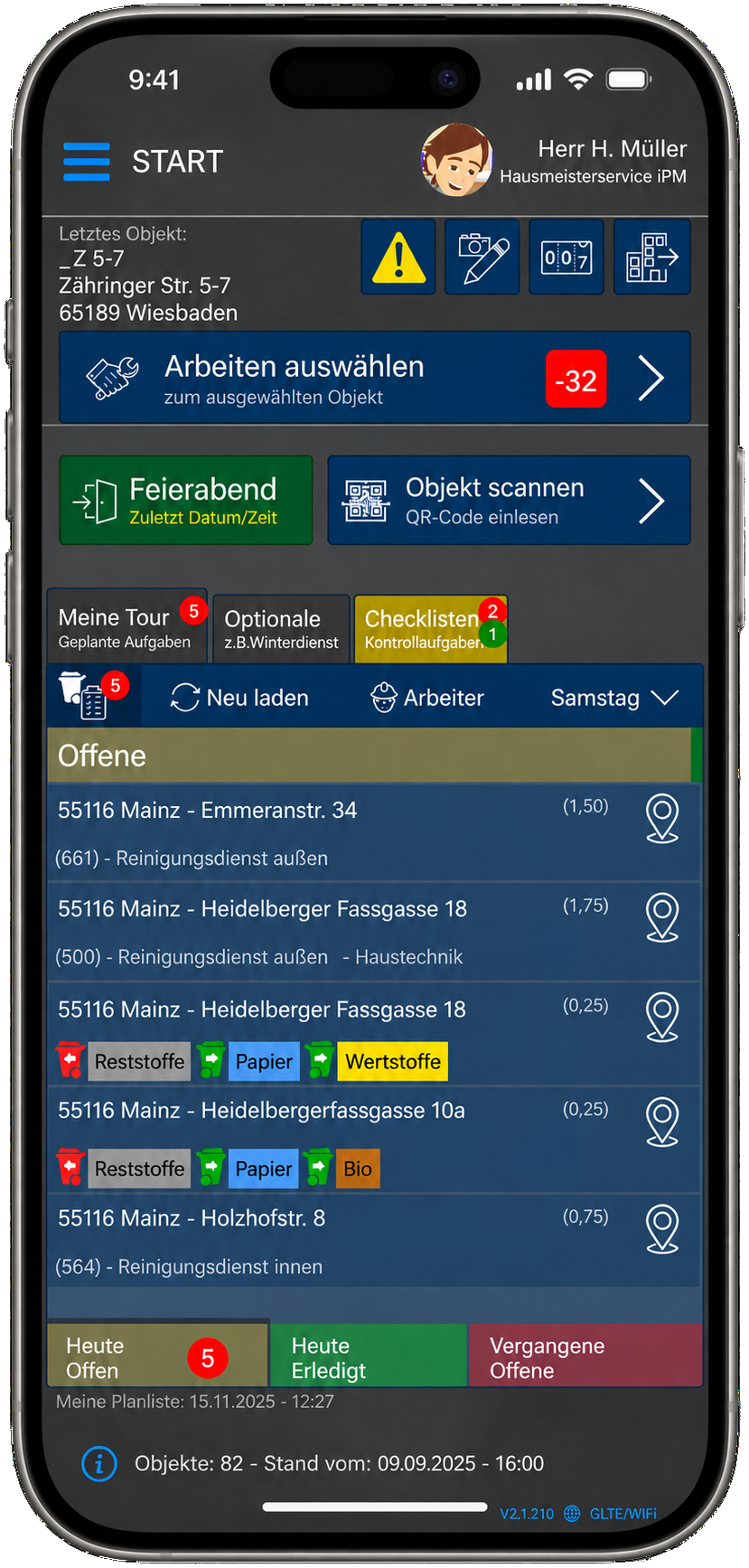 Hauptmenü der iPM-Cloud Hausmeister-App mit Objekt-Scan und fälligen Arbeiten