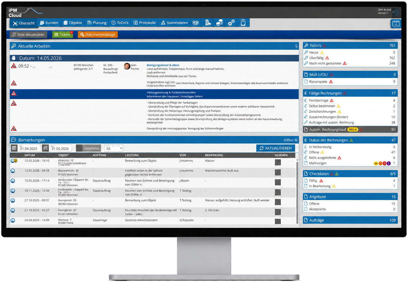 iPM-Cloud Übersicht im Büro: Aufträge, Fälligkeiten, Rechnungen und Checklisten auf einem Dashboard-Monitor