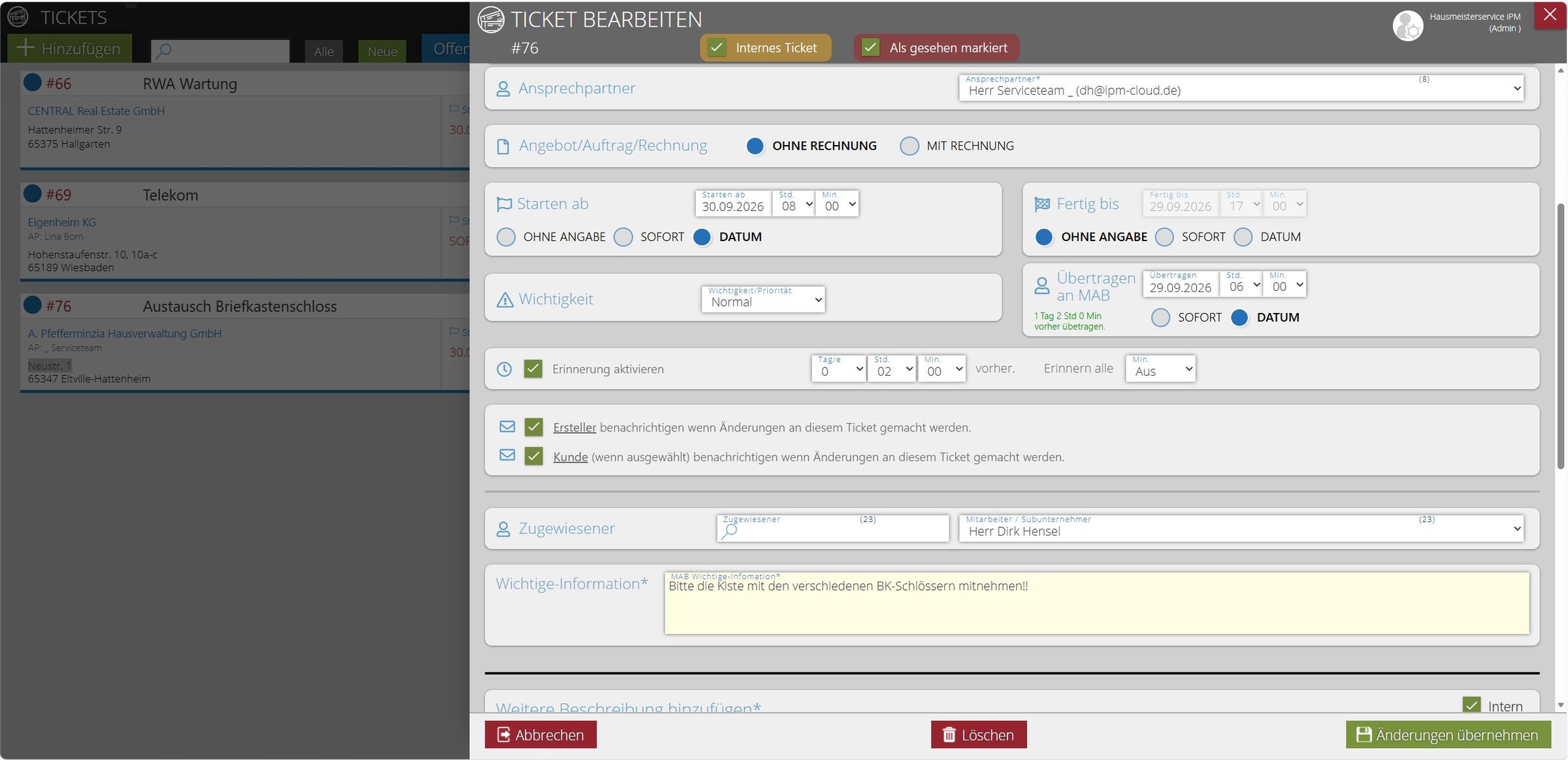 Ticket mit zugewiesenem Mitarbeiter und gelb hinterlegter wichtiger Information für den Mitarbeiter