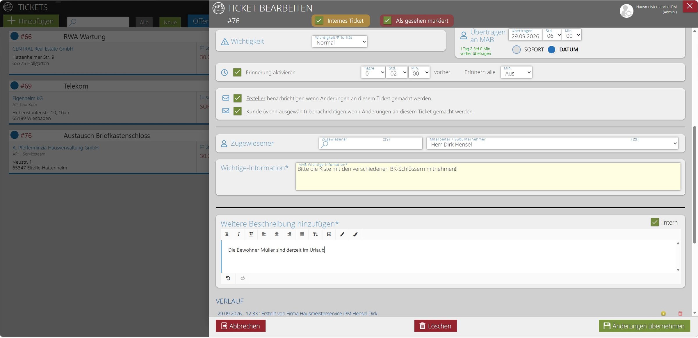 Ticket mit Feld Weitere Beschreibung hinzufügen und aktivierter Option Intern