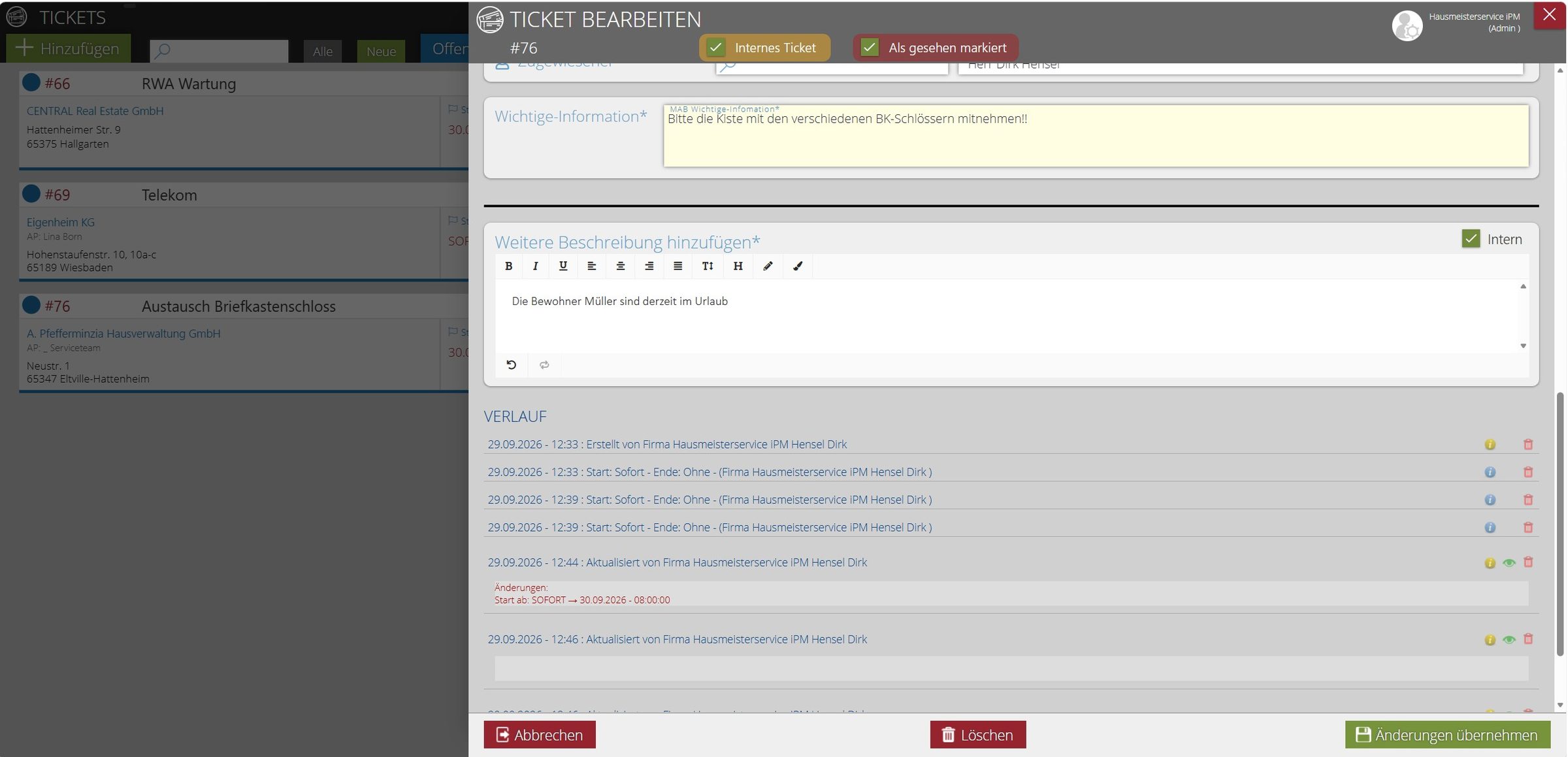 Ticket bearbeiten mit Verlauf: Erstellt, Aktualisiert und Änderungen mit Datum, Uhrzeit und Bearbeiter